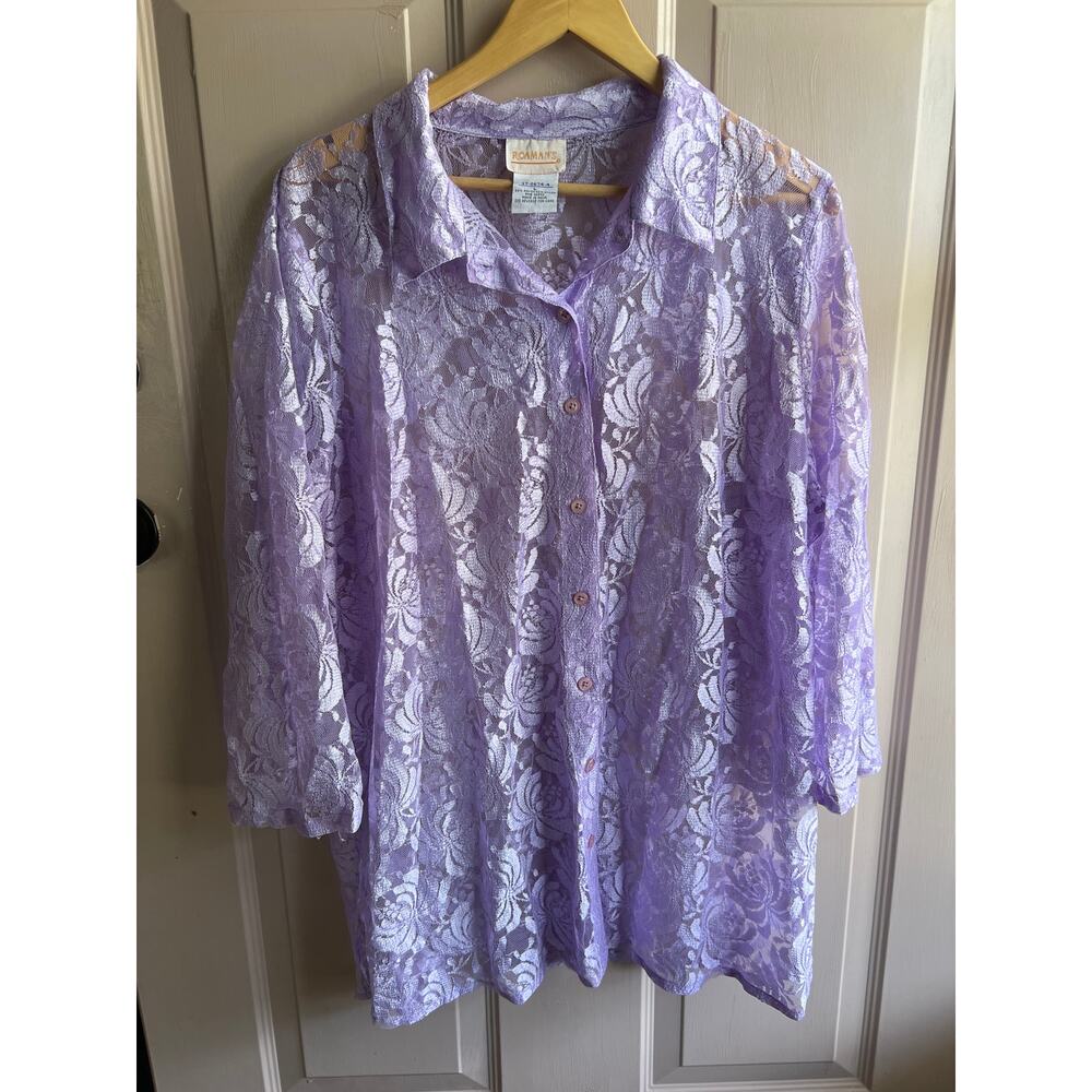 Vintage Roaman's Lace Like Sheer Button Up Blouse Size L
